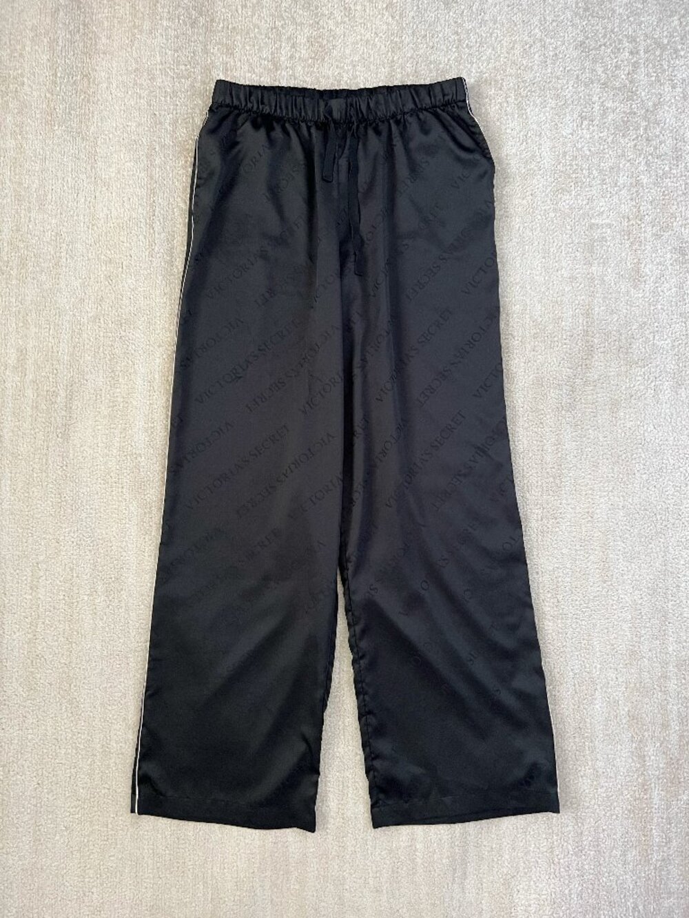 Victoria’s Secret Black Satin Wide Leg Pajama Lounge Pants Pink Piping Logo S